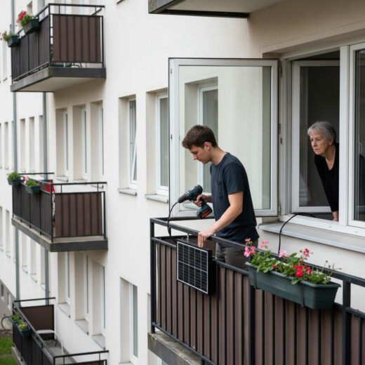 Ein Mieter installiert seine Steckersolaranlage am Balkon. Die Vermieterin prüft den Anspruch auf Genehmigung im neuen Mietrecht.