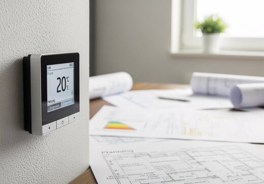 Nahaufnahme eines modernen Heizungsthermostats, der die technische Seite einer energetischen Modernisierung symbolisiert.