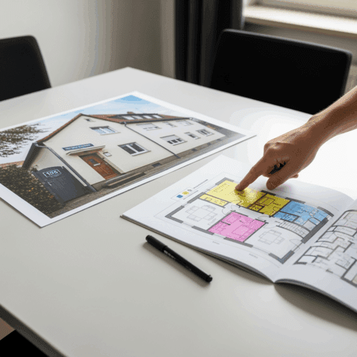 Ein Jurist prüft Grundriss und Fassade zur Definition eines Zwei-Wohnungs-Hauses im Kontext der Kündigung.