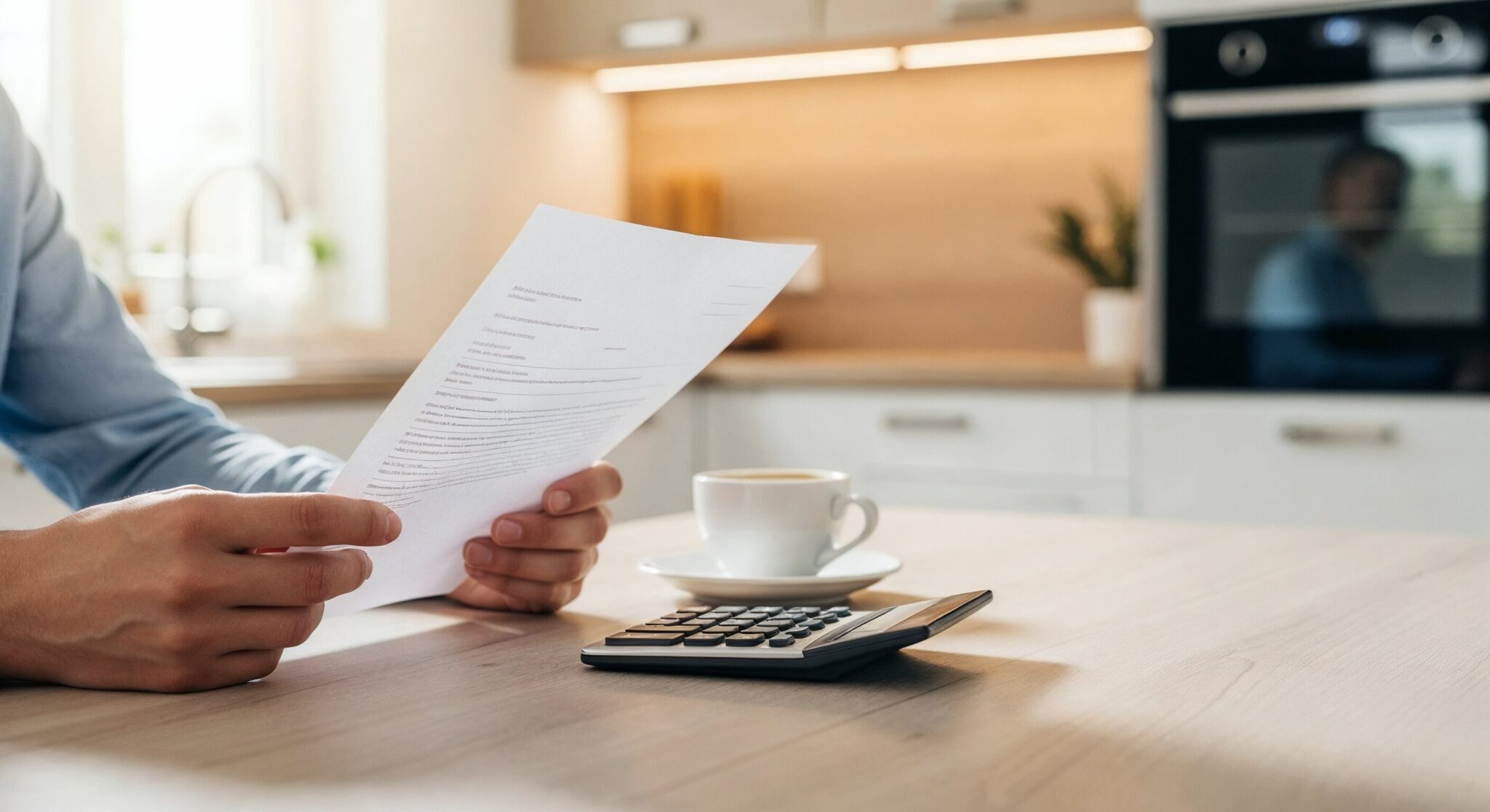 Eine Person sitzt am Küchentisch und prüft sorgfältig ein Schreiben zur Mieterhöhung nach einer Modernisierung.