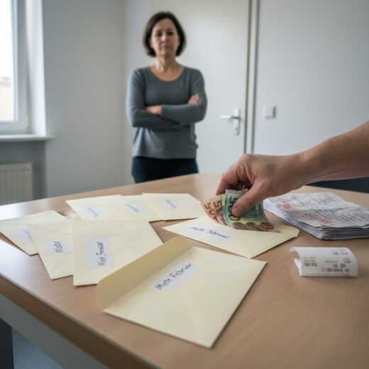 Ein Mieter sichtet Euro-Banknoten neben gelben Mahnschreiben, die seinen erheblichen Mietrückstand und die daraus folgende fristlose Kündigung wegen Zahlungsverzugs belegen, während eine Beobachterin die vom Landgericht als aussichtslos eingestufte Rechtslage abwägt.