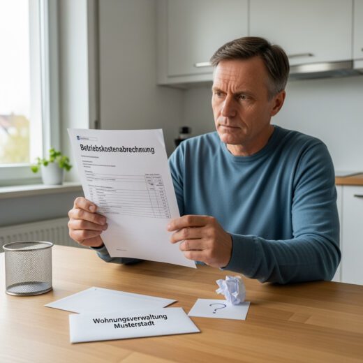 Ein Mieter studiert seine Nebenkostenabrechnung. Fehlende Heizkosten und unklare Gartenpflege-Pflichten könnten eine hohe Nachzahlung bedeuten.