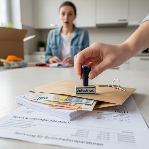 Eine Hand stempelt "Aufrechnung" auf Mietforderungen. Die Mieterin blickt überrascht, als die Mietkaution gegen Forderungen verrechnet wird.