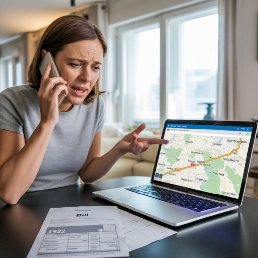 Frau am Telefon schaut frustriert auf eine Landkarte auf ihrem Laptop, die eine große Entfernung zum Vermieter zeigt.