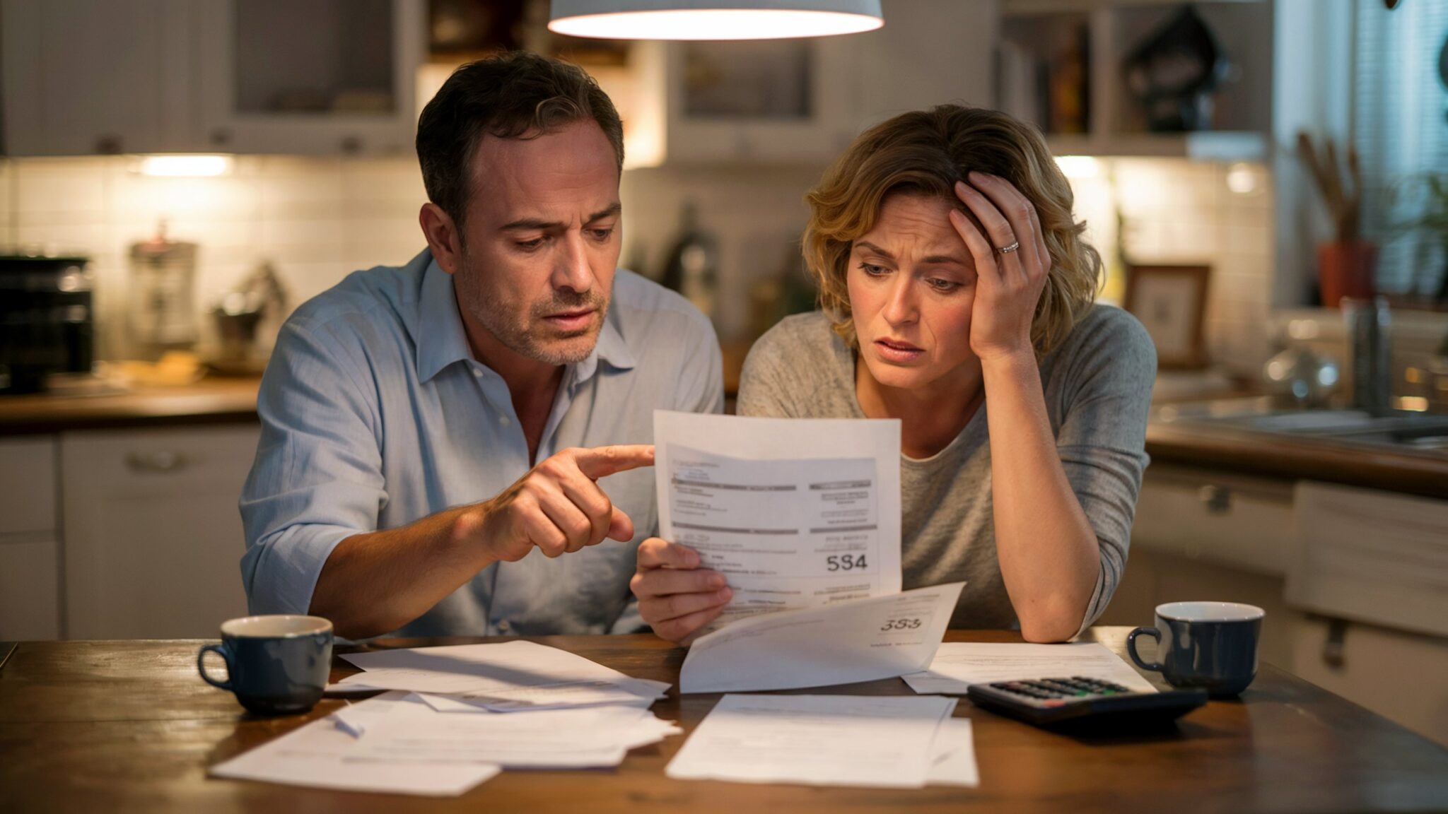 Besorgtes Paar sitzt am Küchentisch und prüft eine hohe Nachzahlung in der Betriebskostenabrechnung, die sie nicht nachvollziehen können.