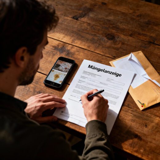 Eine Person verfasst eine Mängelanzeige an den Vermieter und bereitet den Versand per Einschreiben vor.