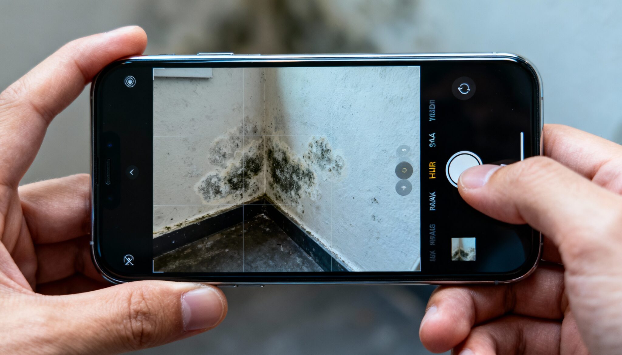 Eine Person dokumentiert mit dem Smartphone einen Schimmelschaden an der Wand als Beweismittel für den Vermieter.
