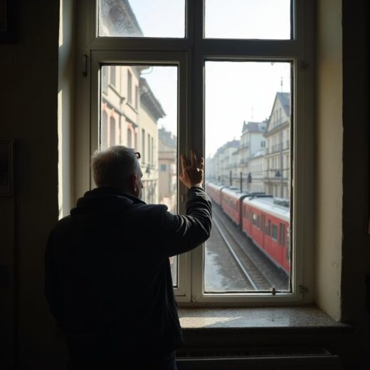Der Mieter blickt auf den vorbeifahrenden Zug, Beleg für die Wohnwertminderung, die eine Mieterhöhung verhindert.