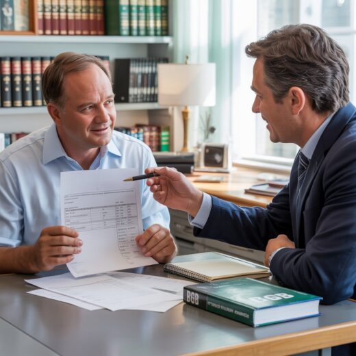Ein Mieter im Beratungsgespräch bei einem Anwalt oder Mieterverein, der ihm hoffnungsvoll die Rechtslage erklärt.