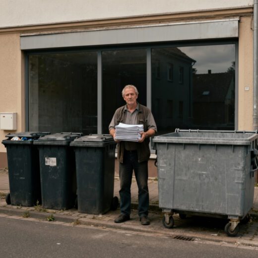 Ein Vermieter hält Abrechnungen vor vollen Abfallcontainern und einer fast leeren, großen Mülltonne.