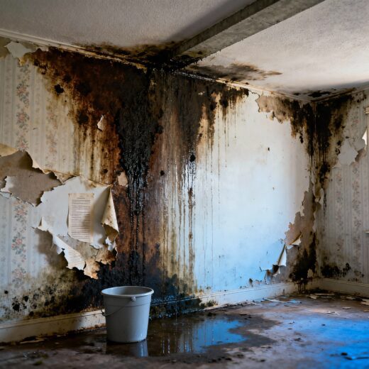 Großflächige, dunkle Schimmel- und Nässeflecken bedecken die marode Innenwand und Decke nach einem massiven Wasserschaden.