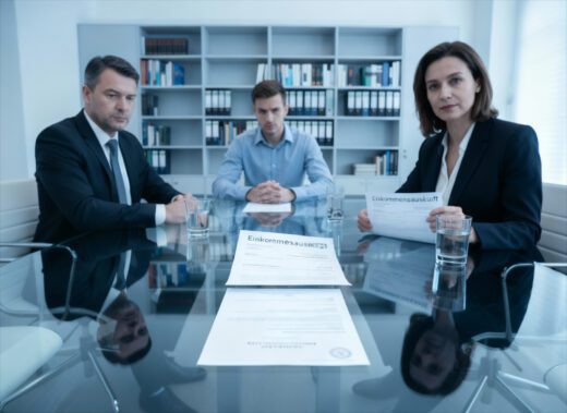 Ein Mieter wird in einer Anwaltskanzlei mit Beweisen für seine Falschangaben im Mietvertrag konfrontiert und blickt schuldbewusst zu Boden.