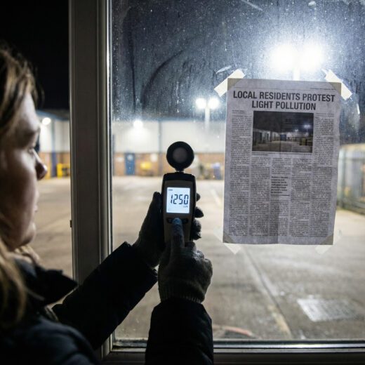 Mieterin misst mit einem Luxmeter die Lichtstärke am Fenster, eine Zeitung dient als Referenz für die Helligkeit.