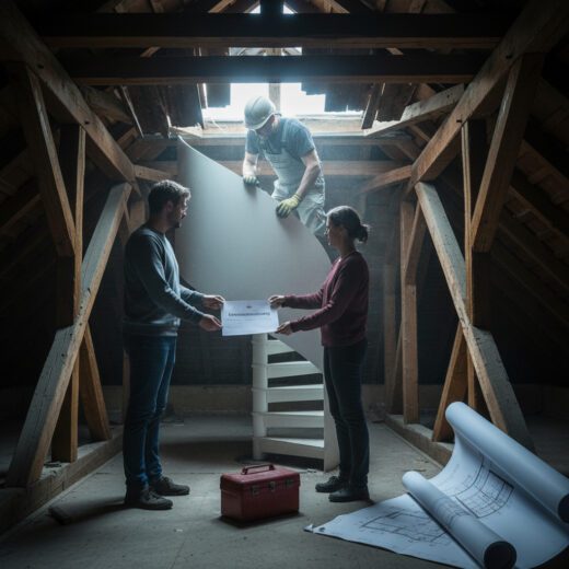 Die Spitze einer modernen Wendeltreppe ragt durch ein staubiges Deckenloch, während Eigentümer formlos eine Einverständniserklärung austauschen.Die Spitze einer modernen Wendeltreppe ragt durch ein staubiges Deckenloch, während Eigentümer formlos eine Einverständniserklärung austauschen.