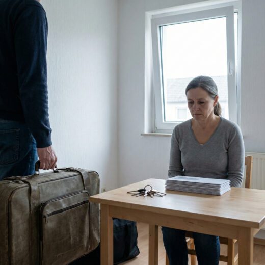 Ein Partner hält einen Koffer zum Auszug, während das mittelalte Paar sich angespannt in einem Wohnzimmer gegenübersteht.