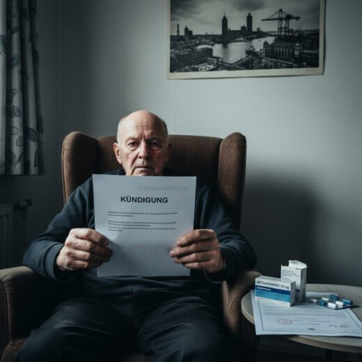 Ein älterer Mann blickt in seinem beengten Wohnzimmer starr auf das krampfhaft mit beiden Händen gehaltene Kündigungsschreiben.