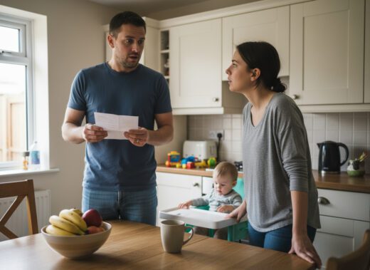 Ein junges Paar steht schockiert in seiner Küche, nachdem es einen Brief mit der Kündigung für seine Sozialwohnung gelesen hat.