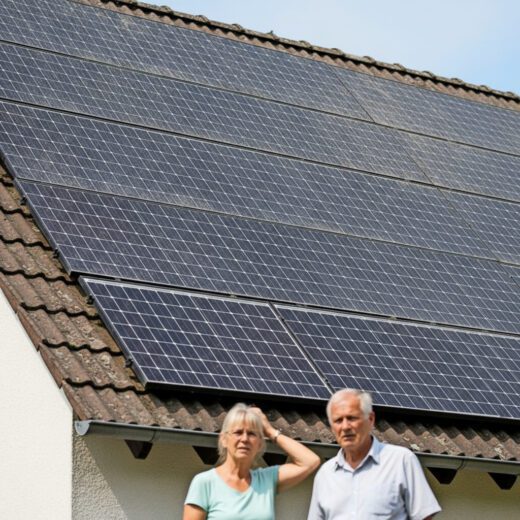 Ein älteres Ehepaar blickt zu den stark verschmutzten Solarpaneelen auf ihrem steilen Hausdach auf.