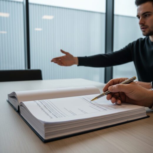 Eine Hand zeigt auf die fehlende Skizze in einem Gewerbemietvertrag, die andere Hand auf die Lagerhalle im Hintergrund.