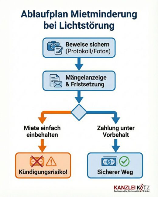 Flussdiagramm zum Ablauf der Mietminderung: Von der Beweissicherung über die Mängelanzeige bis zur Entscheidung. Warnung vor eigenmächtiger Kürzung (Kündigungsrisiko), Empfehlung der Zahlung unter Vorbehalt.
