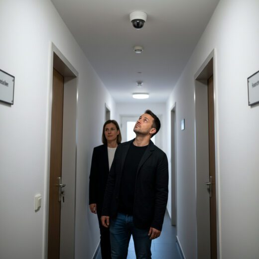 Ein junger Mann, der zu Besuch ist, blickt im Treppenhaus misstrauisch zu einer Überwachungskamera, während die Mieterin ihm unbehaglich die Tür öffnet.