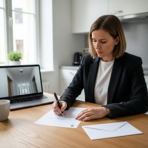 Eine entschlossen blickende Mieterin sitzt am Küchentisch und unterschreibt ein formelles Schreiben an ihren Vermieter, während auf ihrem Laptop ein Foto der Überwachungskamera zu sehen ist.