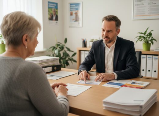 Eine ältere Mieterin blickt erleichtert, während ihr ein Berater im Mieterverein eine Lösung für ihr Kündigungsproblem aufzeigt.