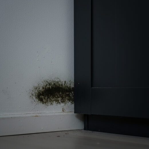 Dunkelgrüner Schimmel breitet sich an der Sockelleiste einer kalten, feuchten Außenwand hinter einem Schrank aus.