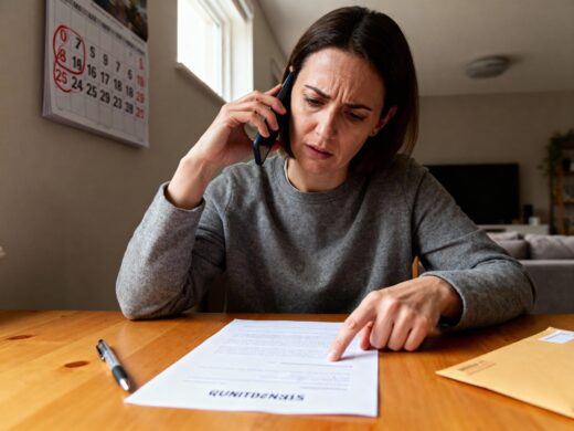 Frau am Esstisch schaut besorgt auf ein Kündigungsschreiben mit nur einer Unterschrift, während sie telefoniert.