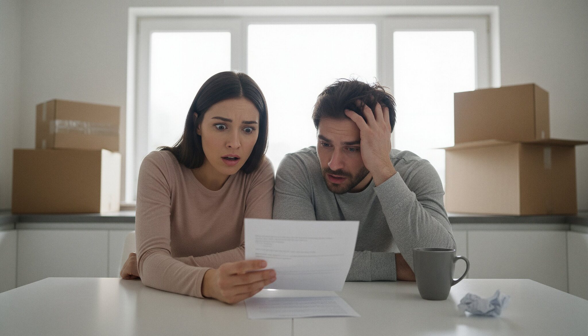 Geschocktes Paar sitzt am Küchentisch zwischen Umzugskartons und liest einen Brief, der ihre Kündigung für ungültig erklärt.
