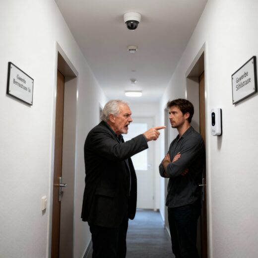 Ein wütender Nachbar zeigt im Treppenhaus auf eine smarte Videotürklingel an der Tür seines Nachbarn, der sich verteidigend danebenstellt.