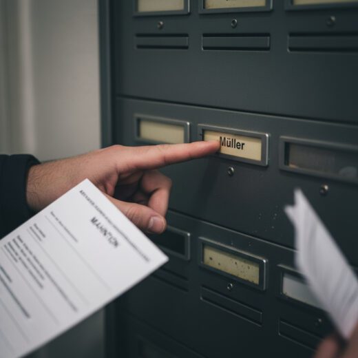 Die Hand eines Mieters zeigt auf sein altes Namensschild an einem Klingeltableau, während er eine angemahnte Rechnung hält.