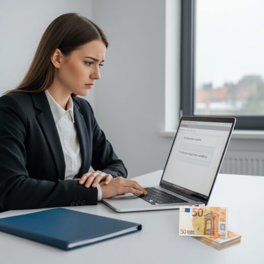 Die ernüchterte Maklerin blickt auf den Laptop, der die kurze, unzureichende E-Mail-Antwort des Kunden anzeigt.