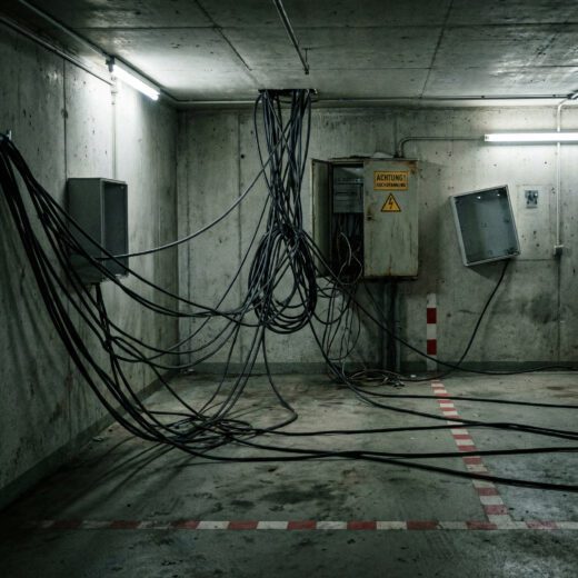 Ein wildes Durcheinander dicker Ladekabel kreuzt unkoordiniert mehrere Stellplatzgrenzen in einer engen Tiefgarage.
