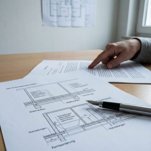 Aufgefaltete Mietvertragsseiten mit technischen Bauplänen für Kernsanierung liegen auf einem Tisch; ein Füllfederhalter liegt zur Unterschrift bereit.