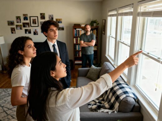 Aktueller Mieter steht unwohl in seinem Wohnzimmer, während ein Makler die Wohnung potenziellen Nachmietern zeigt.