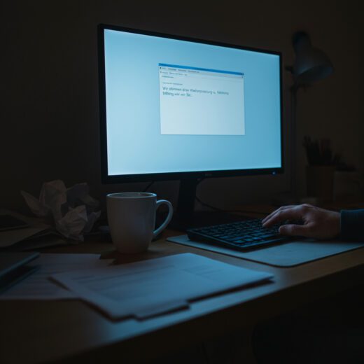 Eine Nahaufnahme zeigt auf einem leuchtenden Monitor den E-Mail-Entwurf: „Wir stimmen einer Mietanpassung zu. Allerdings bitten wir Sie…“