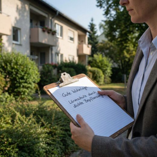 Nahaufnahme des Klemmbretts eines Sachverständigen, auf dem akribisch die handschriftliche Notiz „Gute Wohnlage“ neben schützender Grünanlage steht.