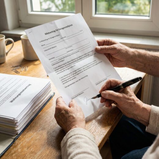 Nahaufnahme eines Schreibtisches: Die Hand einer Seniorin unterschreibt ein schmales Garagen-Mietdokument, das neben einem Stapel des Wohnraumvertrages liegt; die Unterschriftslinie des Seniors ist leer.