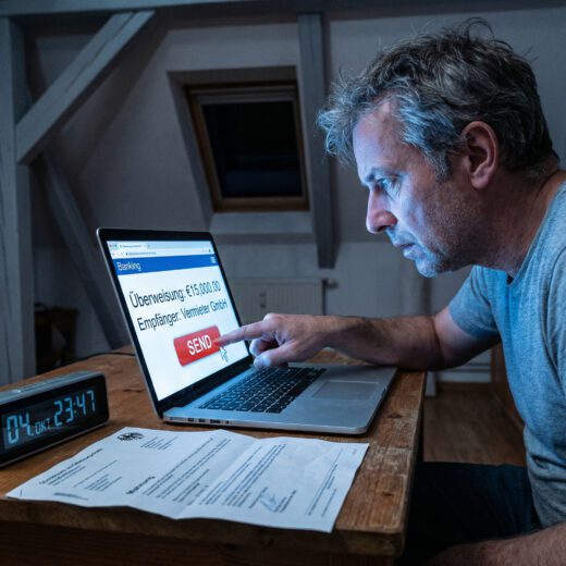 Angespannter Mieter drückt nachts auf dem Laptop den leuchtenden 'Senden'-Knopf für eine hohe Zahlung, sichtbar nach Fristablauf.