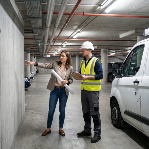 Mieterin bespricht mit Elektriker den Installationsort einer Wallbox in der Tiefgarage