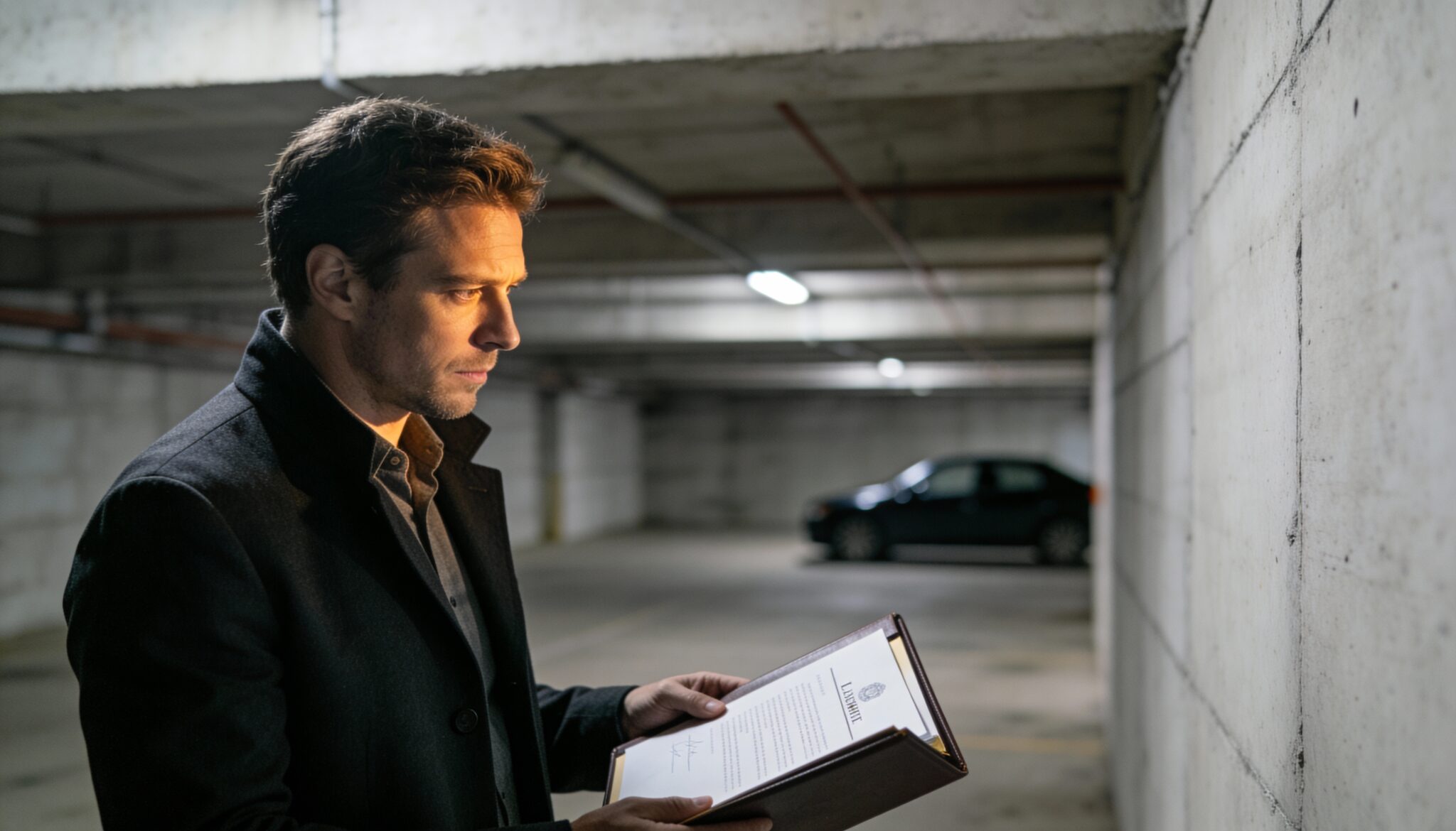 Ein Mieter steht in einer Tiefgarage und prüft kritisch Vertragsunterlagen, während er den Installationsort für eine Wallbox begutachtet.