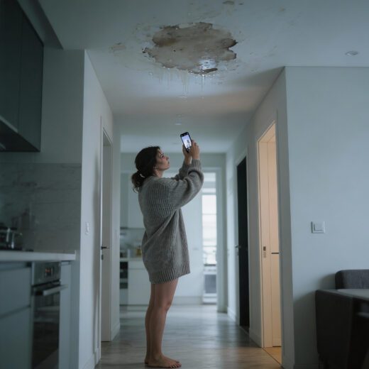Mieterin fotografiert Wasserfleck an der Decke mit dem Smartphone zur Beweissicherung.