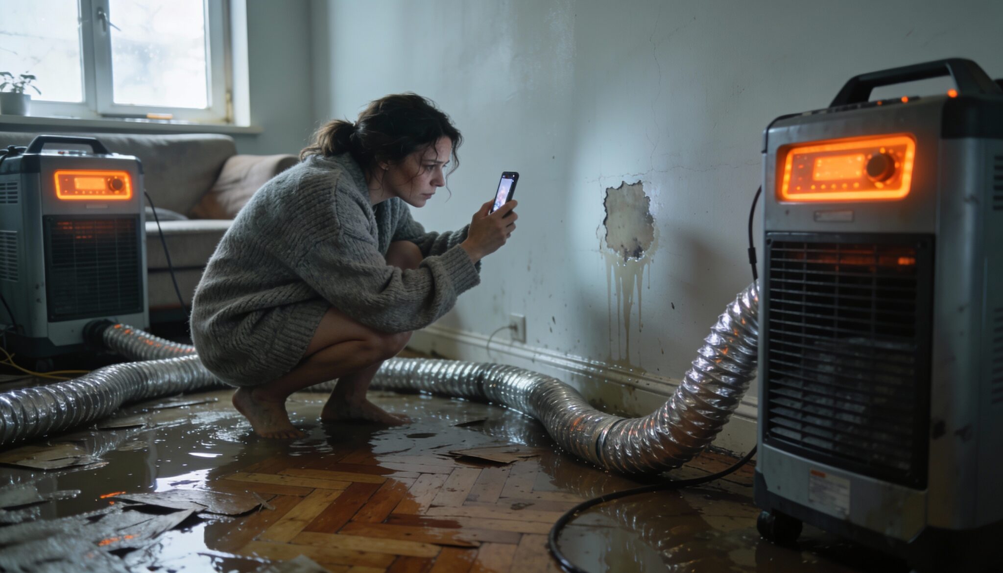 Eine Mieterin hockt zwischen Bautrocknern und Schläuchen im Wohnzimmer und dokumentiert den Wasserschaden mit dem Smartphone.