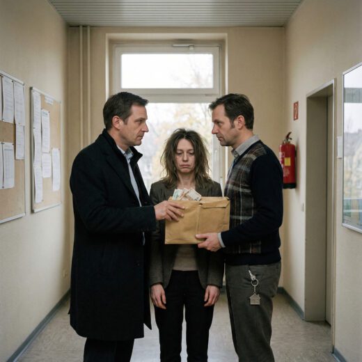 Eine Hand reicht einer anderen einen dicken Geldumschlag gezielt an einer Person mit leeren Händen in der Mitte vorbei.