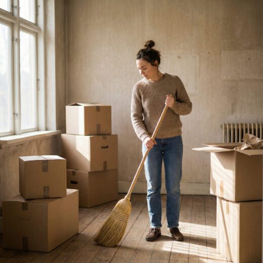 Mieterin fegt den Boden einer leeren Wohnung mit einem Besen zwischen Umzugskartons