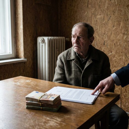 Ein angespannter älterer Mann unterschreibt zögerlich ein Formular neben Geldbündeln, während eine Hand auf die Zeile deutet.