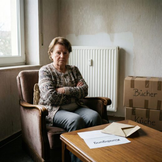 Frau sitzt mit verschränkten Armen beharrlich im Sessel vor einem Kündigungsschreiben auf dem Wohnzimmertisch.