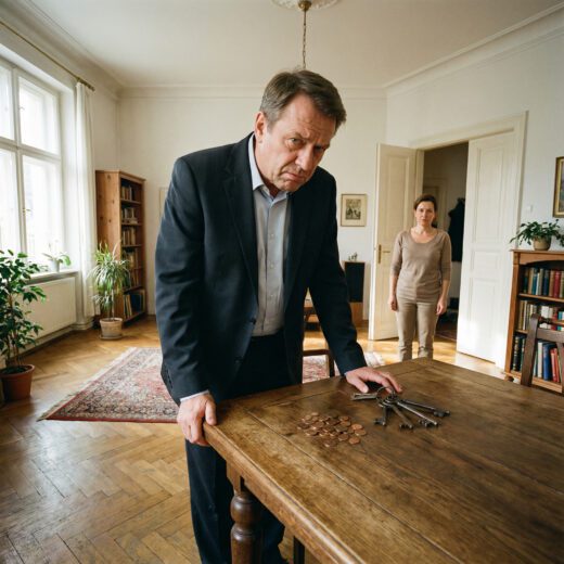 Skeptischer Mann im Anzug blickt auf wenige Münzen auf einem Tisch neben Schlüsseln im hellen, weiten Wohnraum.