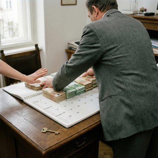 Beharrlich legt ein Mann in feiner Kleidung Geldstapel auf leere Folgemonate eines Tischkalenders; eine Hand schiebt sie weg.